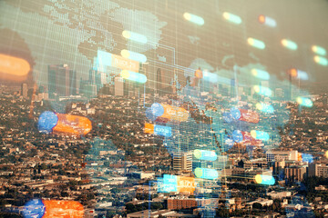 Data theme hologram drawing on city view with skyscrapers background double exposure. Technology concept.