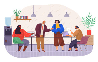 Obraz premium Businesspeople talking and working together in office have a productive conversation. Staff communicating concept. Business meeting around table . Brainstorming process collaboration workers