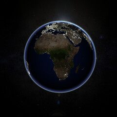 Planet Earth with glowing city lights at night against galactic sky