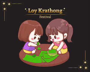 Loy krathong festival Children are making krathongs. set illustration logo. Premium Vector