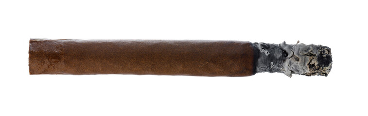 Burning hand rolled cigar isolated on white