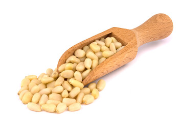 wooden scoop with pine nuts isolated on white