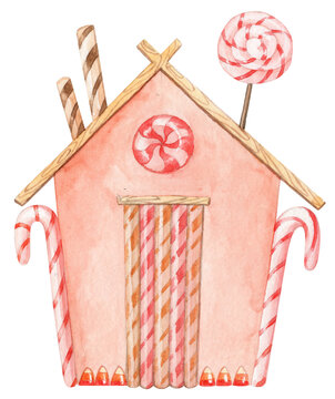 Watercolor illustration. Hand painted gingerbread house with sweet edible decoration