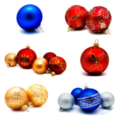 Collection of photos christmas decoration gold red blue silver balls isolated