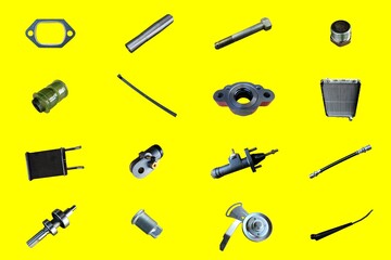 Obraz premium Auto spare parts car on the yellow background. Set with many isolated items for shop or aftermarket. Collage parts for auto isolated.