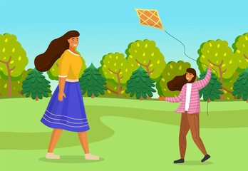 Happy family mother and daughter with kite walking in the park outdoors together outside the city summer day. Smiling woman with cheerful child. Vector illustration family leisure activity flat style