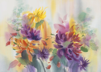 Yellow and violet dahlias painted in watercolor background