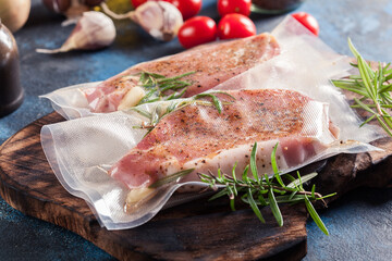 Vacuum packed raw pork. Ready to sous-vide cooking method - 382333517