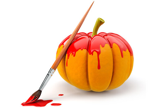 Halloween decoration with brush painting pumpkin by red paint, � isolated on white background. 3d illustration.