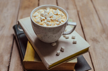Still Life composition.White cup of coffee and .marshmallow on old books on the wooden background