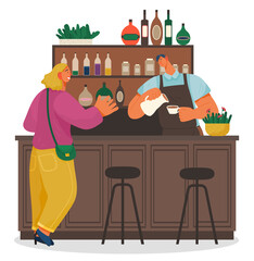 Order coffee in cafeteria, woman waiting her drink, barista guy preparing fresh morning coffee, break at work, bar with worker man in apron, stand with bottles of alcohol or syrups, bartender working