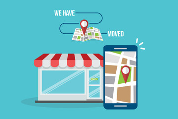 We have moved. Local SEO. Local search marketing ecommerce. Vector Illustration.