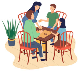 Happy family spend time at home. People connecting puzzle pieces. Mother, father, son, daughter together at home playing table game. Indoors home activity, hobby. Relationships of parents and kids