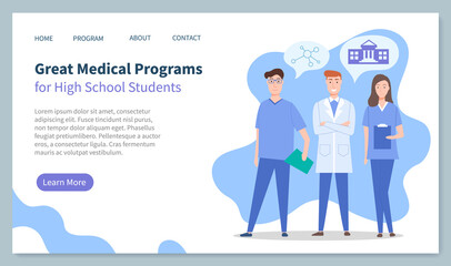 Obraz premium Educational website, landing page, great medical programs for high school students, medical education, doctors, physicians therapists, ion of university, chemistry, medical site, courses, training