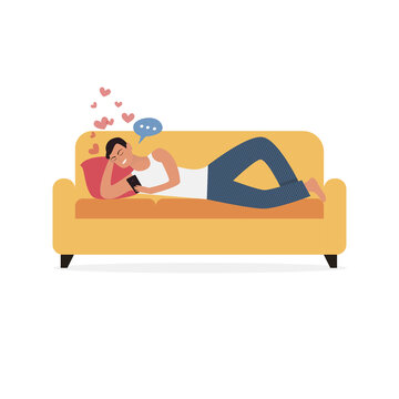 a man in love writes a message, a man lies on the couch with a phone in his hand. Valentine's Day. vector stock illustration, flat style