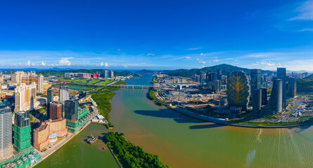 Fototapeta premium Aerial view of Macau, China and Zhuhai Hengqin Free Trade Zone