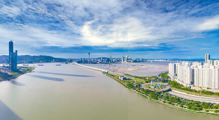 Fototapeta premium Aerial view of Macau, China and Zhuhai Hengqin Free Trade Zone