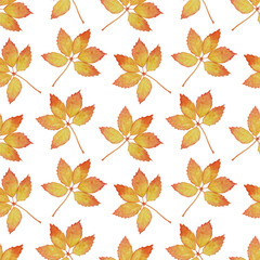 Fototapeta premium Bright seamless pattern with large leaves. Autumn watercolor illustration for decor and textiles.