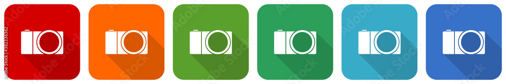 Poster mirrorless camera, photography icon set, flat design vector illustration in 6 colors options for web