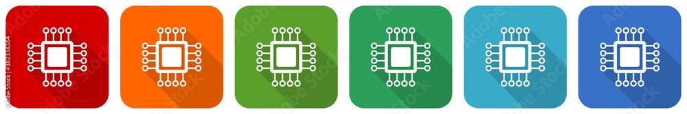 Poster Circuit, technology, chip, processor icon set, flat design vector illustration in 6 colors options for webdesign and mobile applications