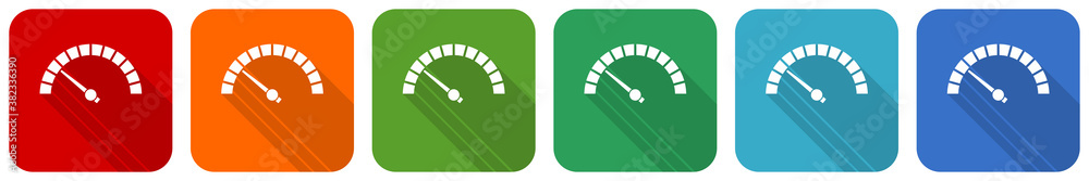 Poster Speed meter, fast indicator icon set, flat design vector illustration in 6 colors options for webdesign and mobile applications