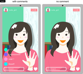 SNSのライブ配信をする若い女性を画面越しに見たイラスト2　線なし　コメントありなし版	