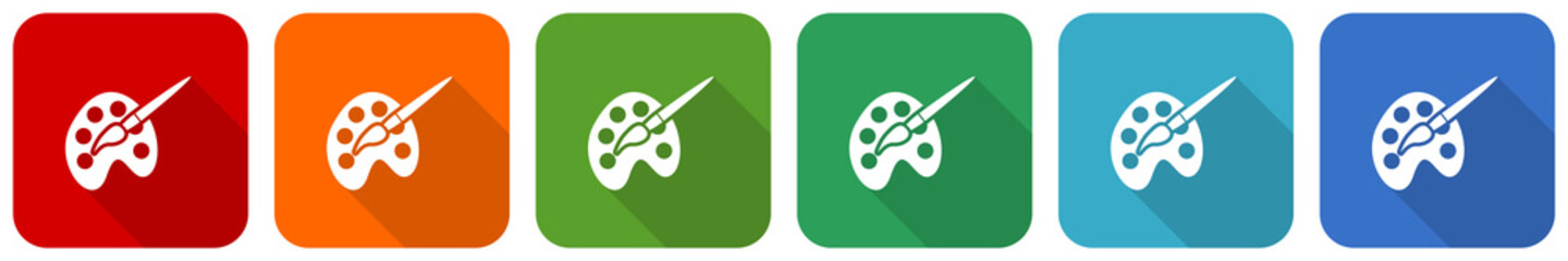 Paint brush, palette, art icon set, flat design vector illustration in 6 colors options for webdesign and mobile applications