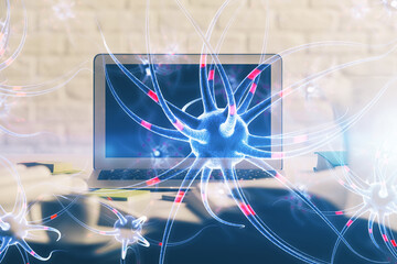 Desktop computer background and neuron drawing. Double exposure. Education concept.