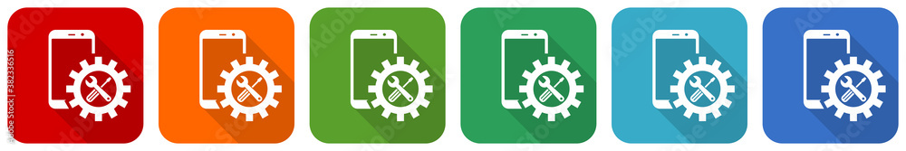 Poster mobile phone, smartphone service icon set, flat design vector illustration in 6 colors options for w