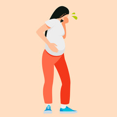 Young pregnant woman suffering from toxicosis flat cartoon illustration. Pregnancy symptoms, indigestion, poisoning. Feeling bad, out of shape during motherhood.