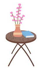 Isometric wooden table with flowers in vase, book isolated at white. Coffee table with diary and fresh flowers. Decoration elements for house. Wooden furniture, spring branches with pink blooming