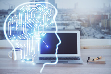 Multi exposure of work space with computer and human brain hologram. Brainstorm concept.