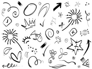 Hand drawn set elements, Abstract arrows, ribbons, hearts, stars, crowns and other elements in a hand drawn style for concept designs. Scribble illustration. Vector illustration.