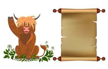 An old scroll of parchment. Scottish longhaired bull character. The place for text, sale poster design template. Vector illustration