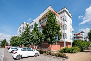 New building, architecture, tenement house. Real estate photo.