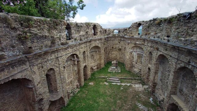 Roofless church of San Nicol&ograve; in Bajardo, its roof collapsed in the 1887 earthquake, Liguria, Italy