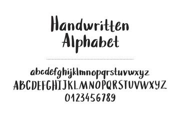 hand drawn alphabet, letters and numbers on white background, vector illustration