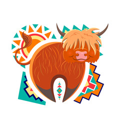 Decorative Scottish bull on the background of ethnic ornament. Background for wearing fashion clothes, postcards, notepad or any other kind.