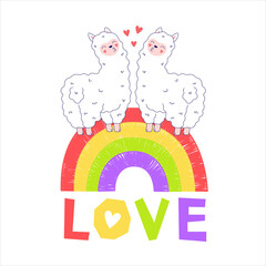 Llama enamored, rainbow, lettering love.Colorful vector illustration on white background.