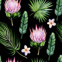 Watercolor hand painted seamless pattern with protea and plumeria flowers, banana tree and palm leaves on black background. Perfect for textile, wrapping paper or scrapbooking