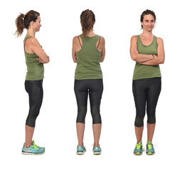front, side and rear view of a same woman wearing sportswear on white background