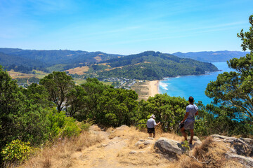 View from the summit of Mt. Paku, Tairua, New Zealand, looking down on Tairua town and the coastline of the Coromandel Peninsula