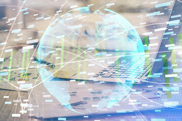 Multi exposure of business theme icons and work space with computer background. Concept of success.