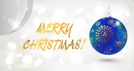 New Year shining white background with Christmas balls. Gold text Merry Christmas. Blue glass Christmas ball with a gold pattern. Greeting card or flyer template or invitation design.