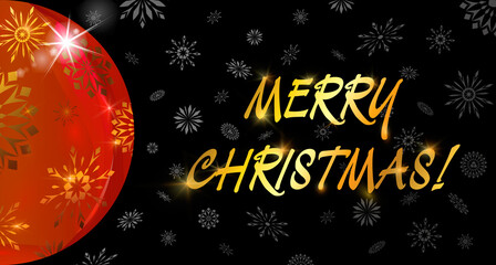 Vector Christmas card with text sign Merry Christmas. Red christmas ball with golden snowflake on dark background