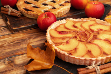 Naklejka na ściany i meble Apple tart pie for Thanksgiving celebration on wooden table
