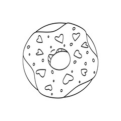 A simple doughnut with decoration. Black outline on white background, cake sketch, Doodle, cute vector illustration.