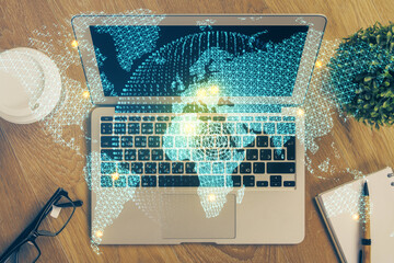 Multi exposure of business theme icons and table with computer background. Concept of success.