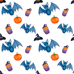 Halloween seamless pattern with watercolor cute bats, witch`s hat and sweets - 382339552