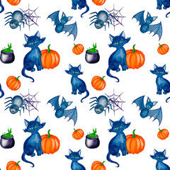 Halloween seamless paper with cute watercolor bats, cats and spiders. - 382339584